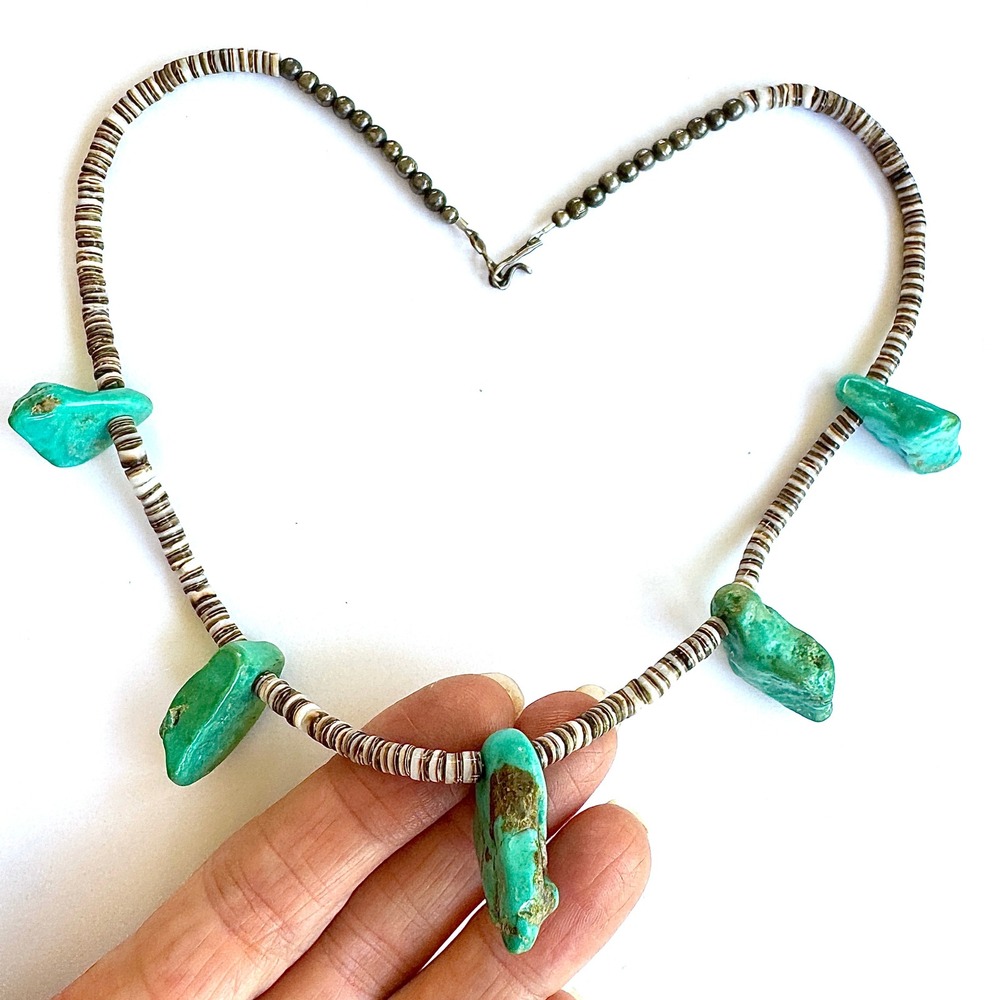 VTG‎ Navajo Turquoise Necklace 18" Freeform Nugget Natural Heishi Handmade 1960s